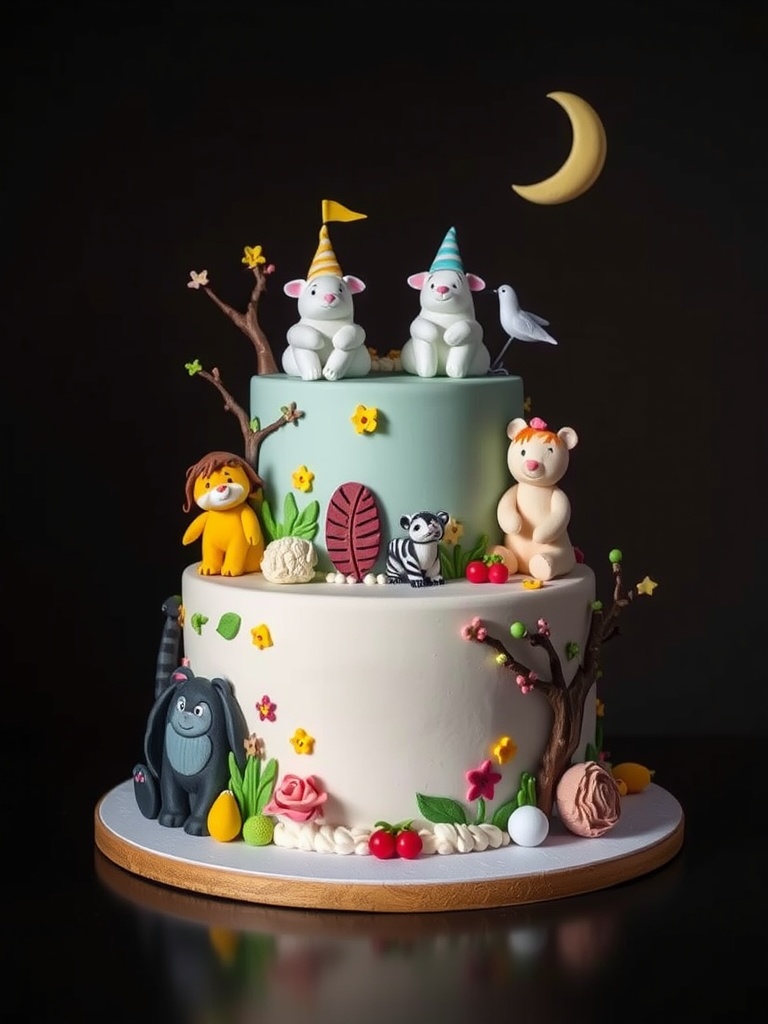 A whimsical three-tiered cake decorated with storybook animals and flowers