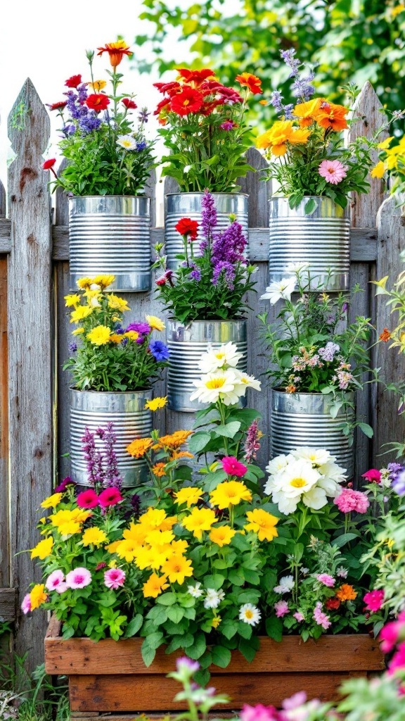 A vertical garden made from tin cans filled with colorful flowers against a wooden fence.