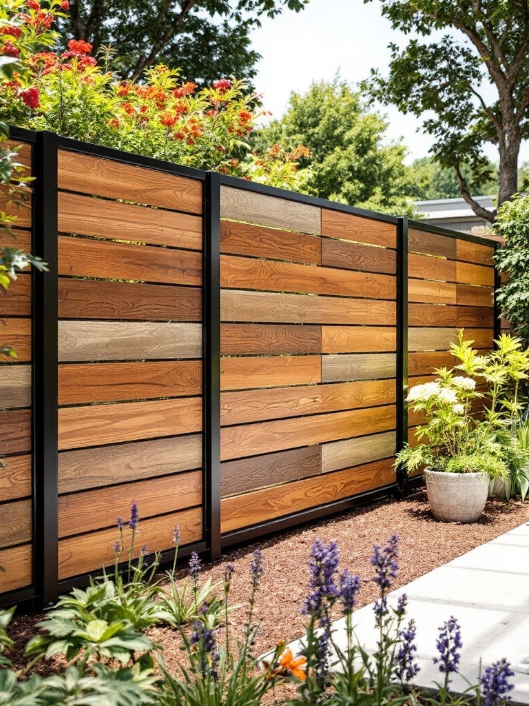 Two-tone horizontal fence with black frame and cedar slats in a garden setting