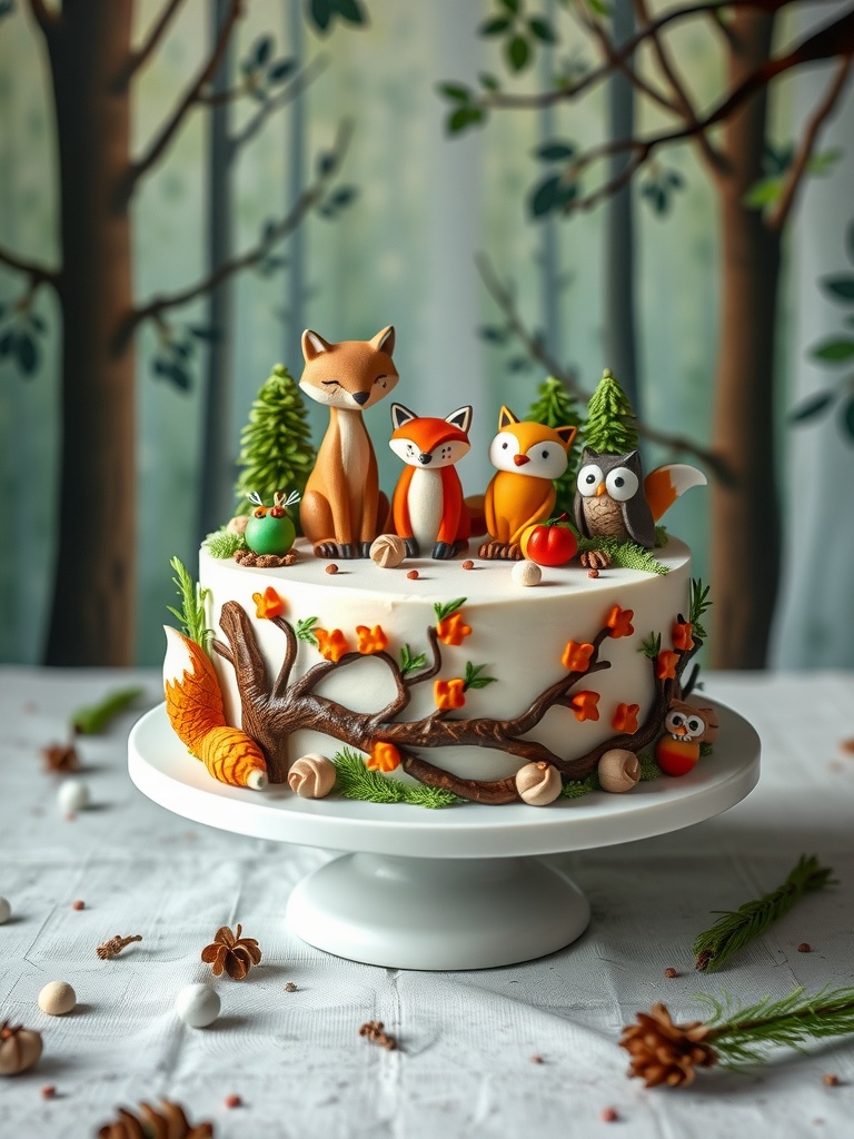 A beautifully decorated cake featuring woodland creatures like foxes and owls, with vibrant colors and nature-themed details.