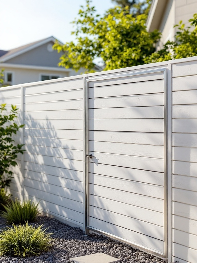 White-washed horizontal pine fence with a metal frame and a gate