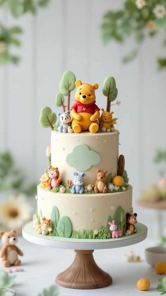 Three-tier cake decorated with Winnie the Pooh and friends in a woodland theme.