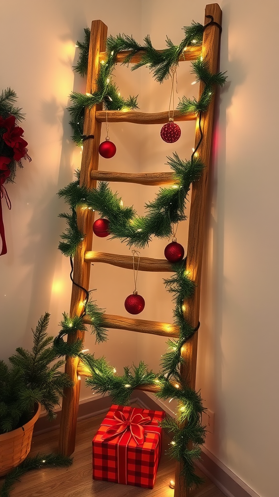 A wooden ladder adorned with greenery, red ornaments, and lights, next to a wrapped gift.