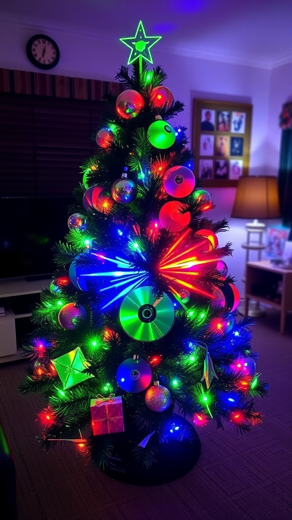 Colorful Christmas tree decorated with CDs and lights