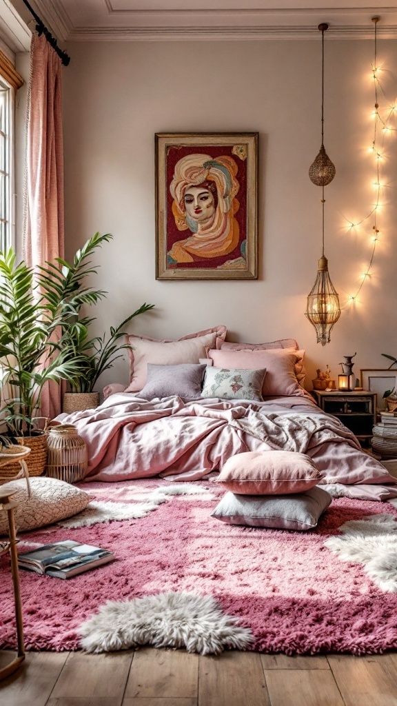 A cozy pink bedroom featuring artisanal touches like handmade pillows and unique artwork.