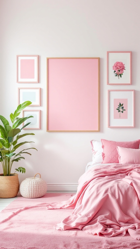 Artistic gallery wall featuring pink frames and soft pink decor