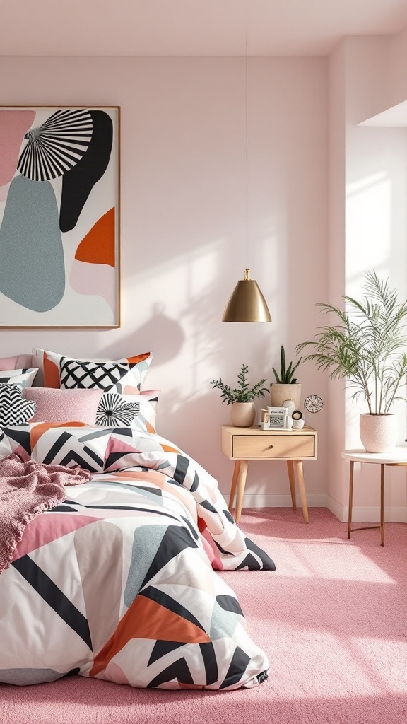 A pink bedroom featuring bold geometric patterns on the bedding and wall art, complemented by a soft pink carpet.