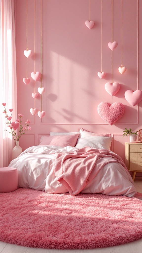 A charming pink bedroom with heart-themed decor and a fluffy pink carpet.