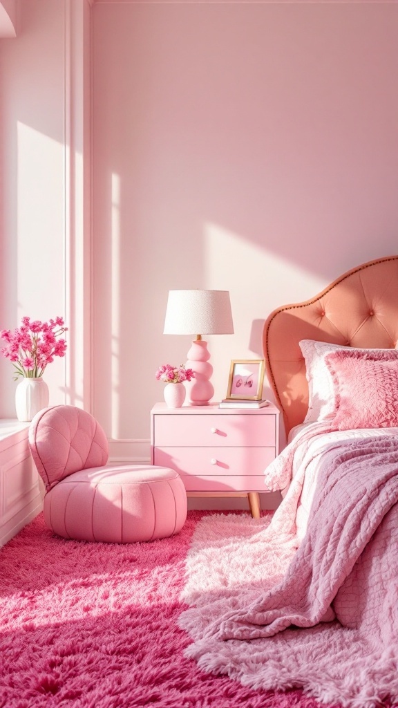 A charming pink bedroom featuring a pink carpet and accent furniture.