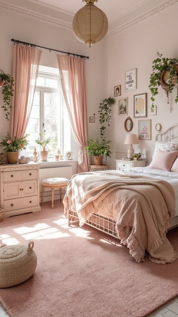A cozy pink bedroom featuring vintage accessories such as a lamp, throw pillows, and storage baskets.