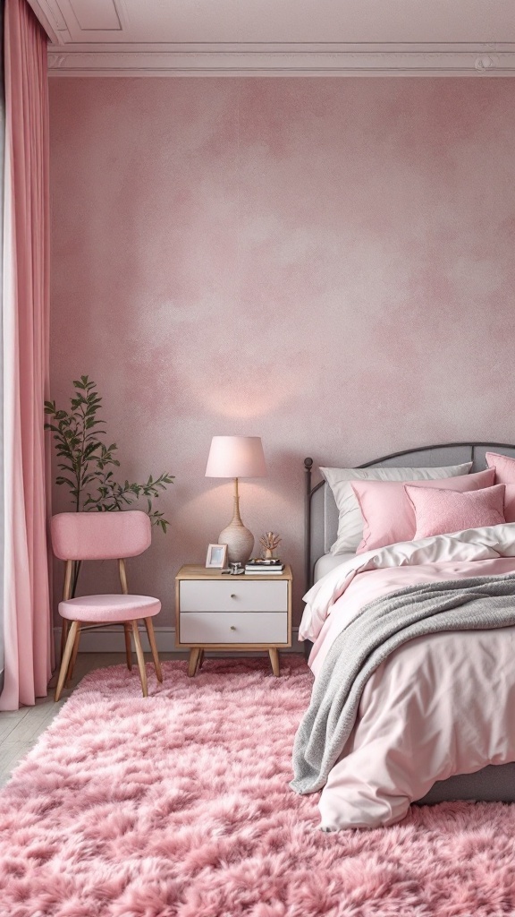 Chic pink and gray bedroom with a pink carpet, featuring soft furnishings and decor.