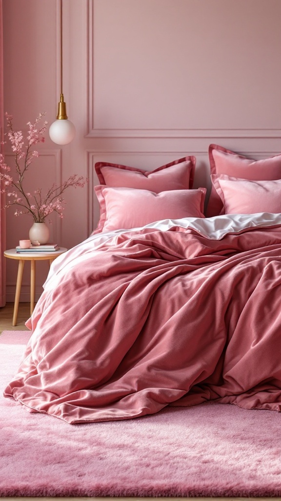 Cozy pink velvet bedding on a bed with matching pink carpet.