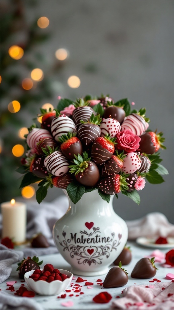 A beautiful bouquet of chocolate-covered strawberries arranged in a decorative vase.