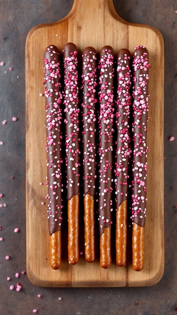 Chocolate dipped pretzel rods decorated with pink and white sprinkles on a wooden board.