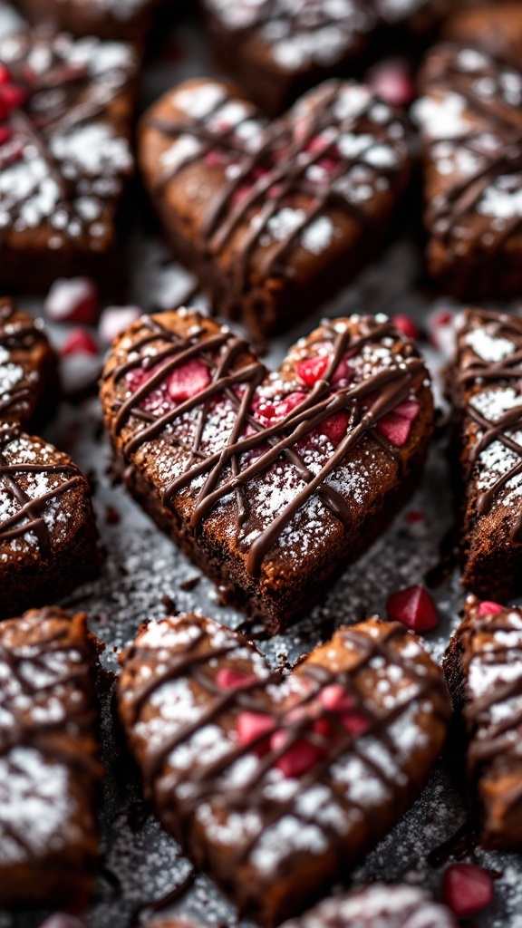 A close-up of heart-shaped chocolate brownies decorated with chocolate drizzle and sprinkles.