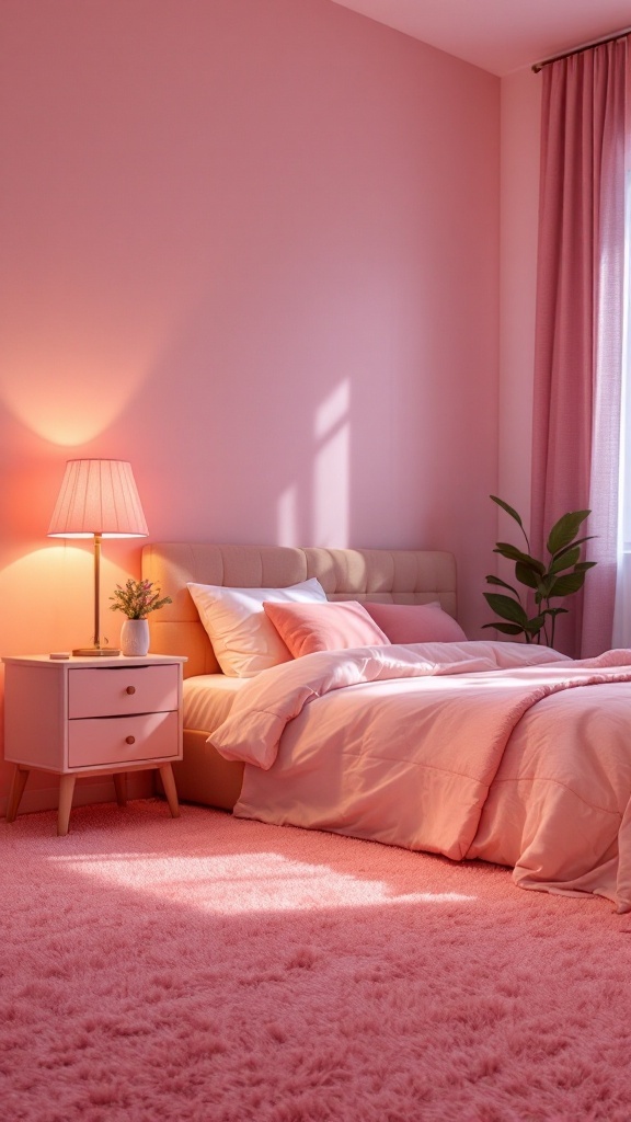 A cozy pink bedroom featuring a soft pink carpet, light pink bedding, and a matching lampshade on a bedside table.