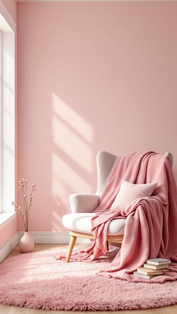 Cozy reading nook with pink carpet and chair