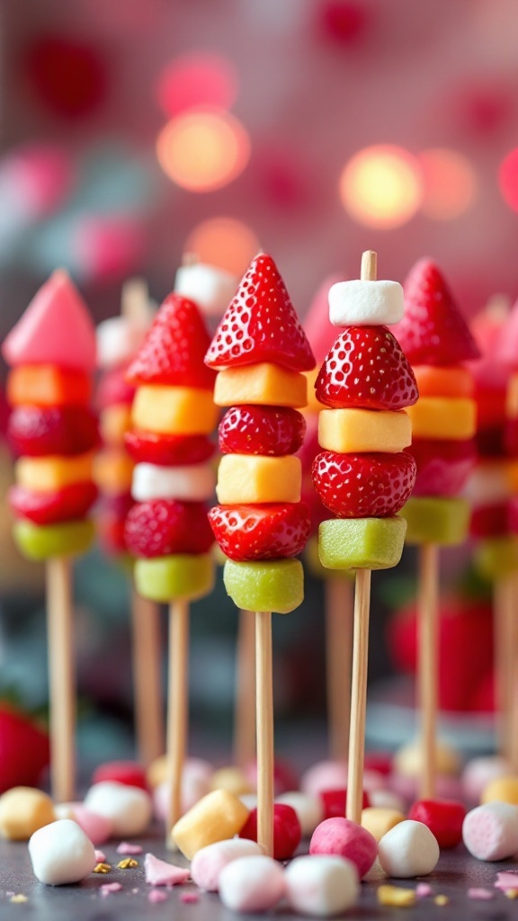 Colorful fruit skewers resembling Cupid's arrows for Valentine's Day.