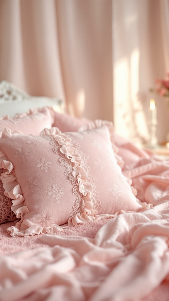 Pink bedroom with lace and ruffled pillows