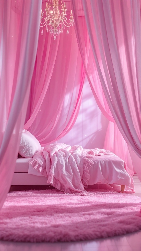 A cozy bedroom featuring pink canopy drapes, a fluffy pink carpet, and soft bedding.