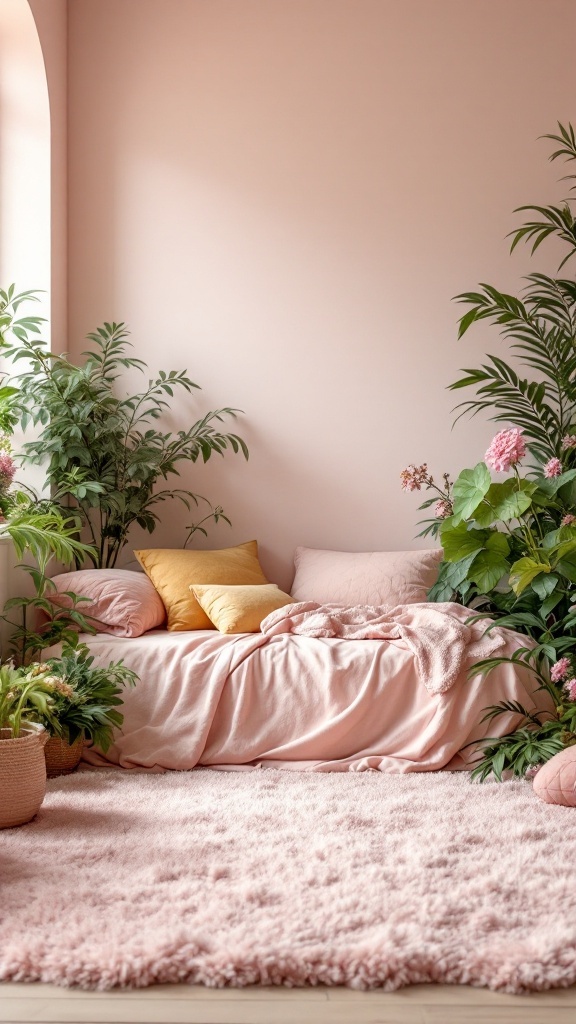 Cozy pink bedroom with green plants and soft furnishings.