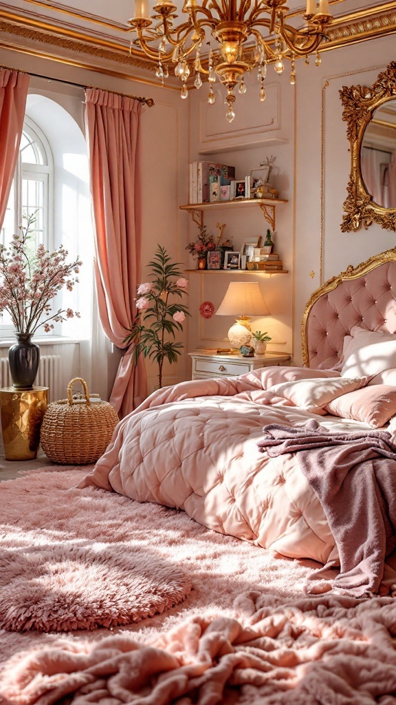 Elegant pink bedroom with gold accents, featuring a chandelier, pink carpet, and decorative elements.