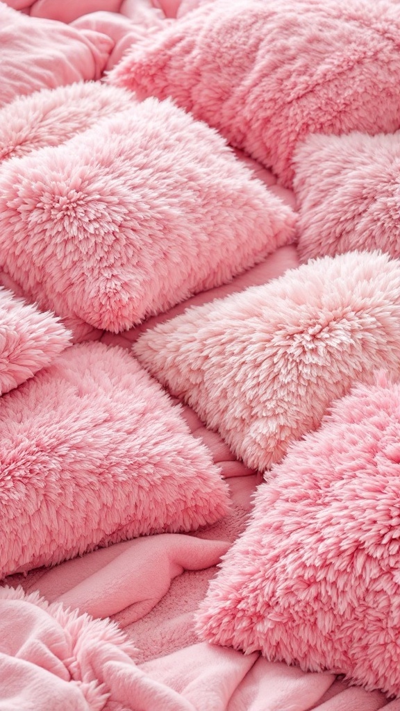 A close-up view of fluffy pink pillows on a bed.