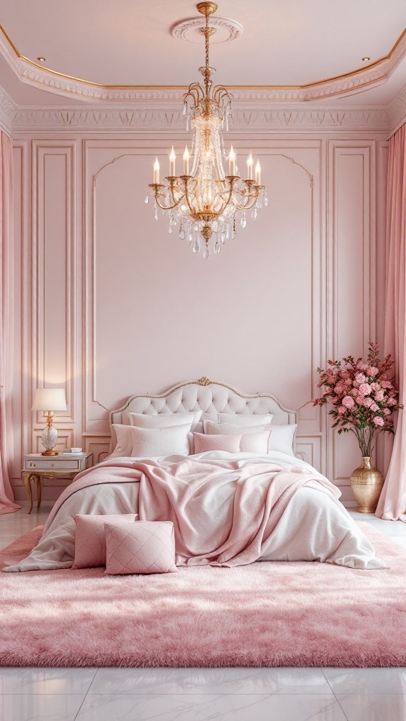 A beautiful pink bedroom with a luxurious chandelier above the bed, featuring pink decor and furnishings.