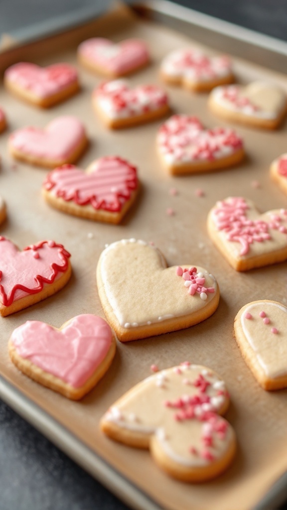 A tray of heart-shaped sugar cookies decorated with pink icing and sprinkles.