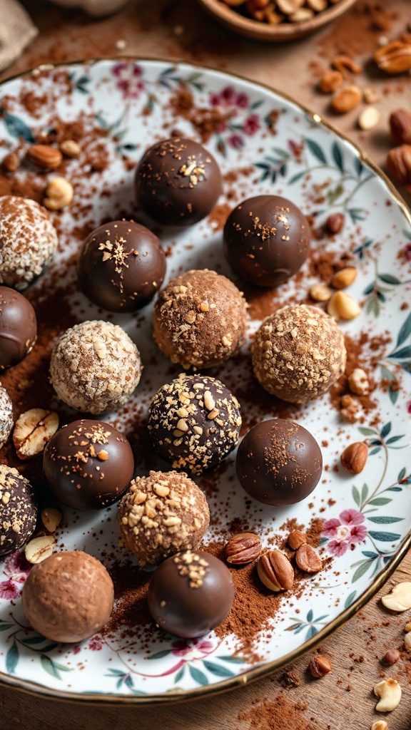 A plate of assorted homemade chocolate truffles, some coated in nuts and others in cocoa powder.