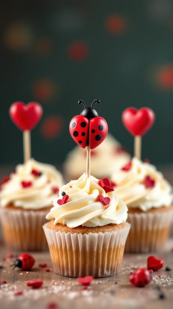 Cupcakes with pink frosting topped with heart-shaped and ladybug decorations