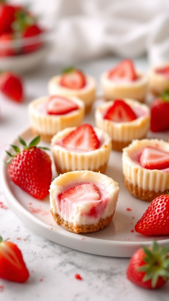 A plate of mini strawberry cheesecake bites with fresh strawberries on the side.