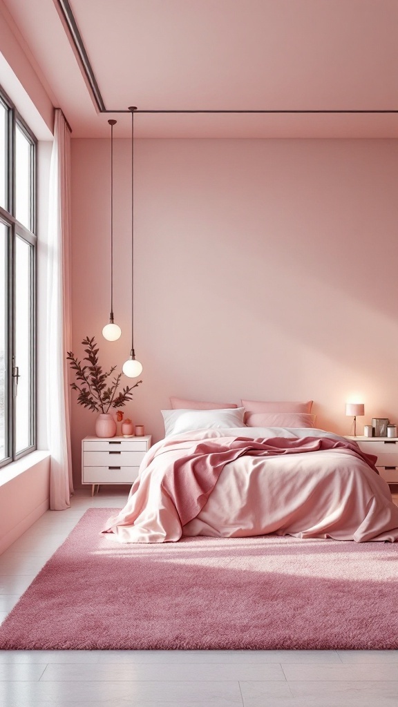 Modern minimalist pink bedroom with soft pink walls and a plush pink carpet.