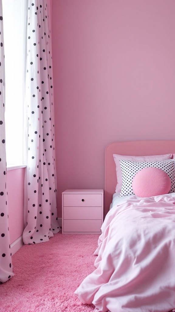 A pink bedroom featuring polka dot curtains, a pink bedspread, and a pink carpet.