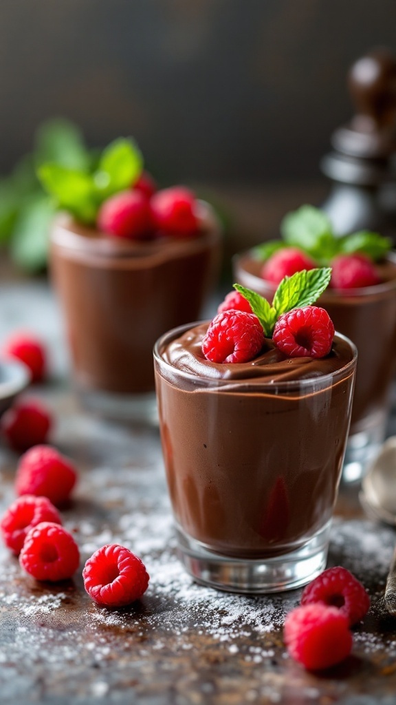 Delicious Raspberry Chocolate Mousse Cups topped with raspberries and mint leaves.