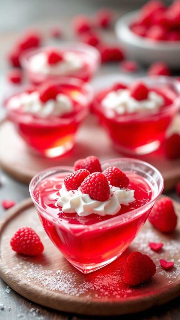 Heart-shaped jello cups topped with whipped cream and raspberries