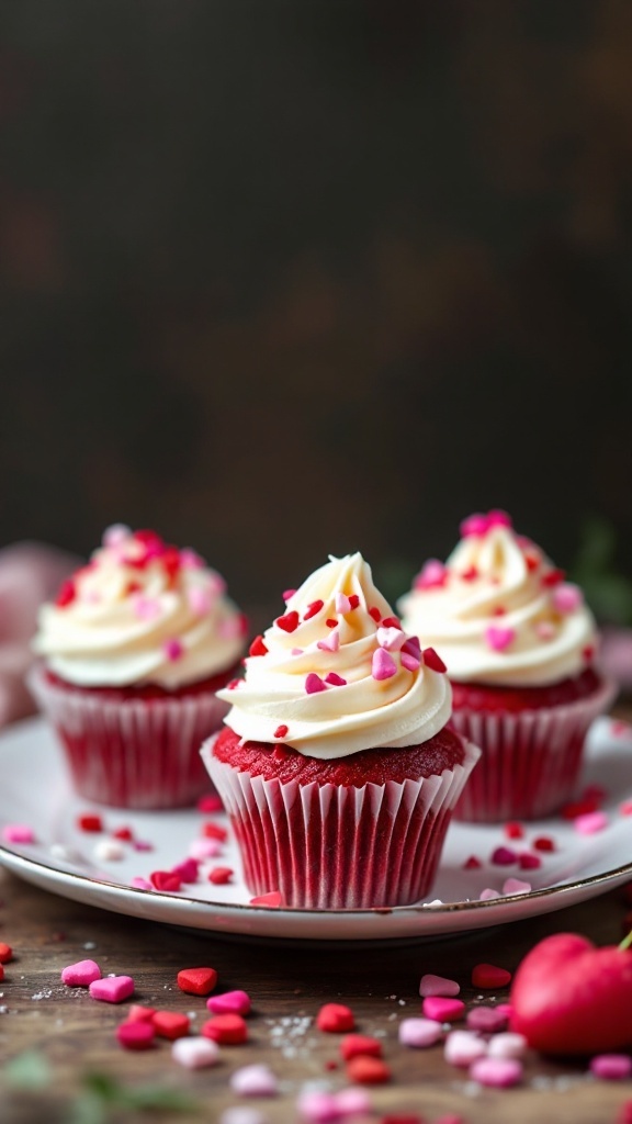 Three red velvet cupcakes with cream cheese frosting and heart-shaped sprinkles on top