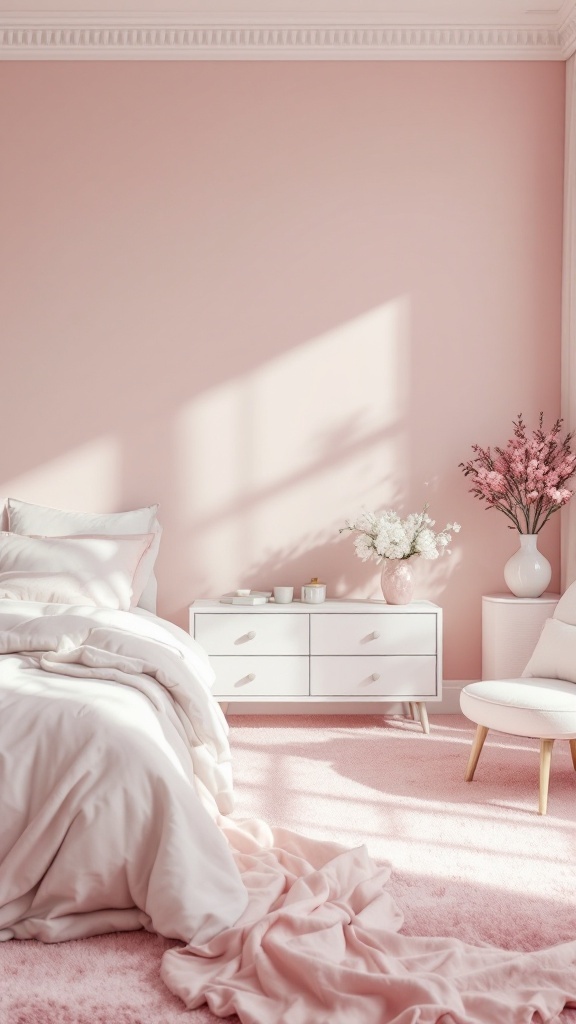 A cozy bedroom featuring blush pink walls, white bedding, and a pink carpet.