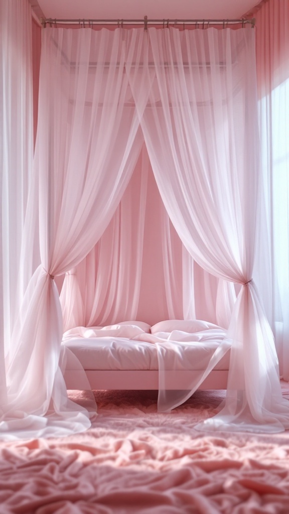 A romantic canopy bed setup with soft curtains and a pink carpet.