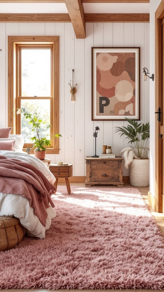 Cozy pink bedroom with wooden accents and soft pink carpet