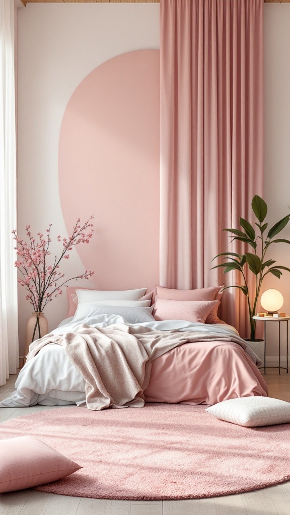 Serene pink bedroom with soft furnishings and a round pink carpet