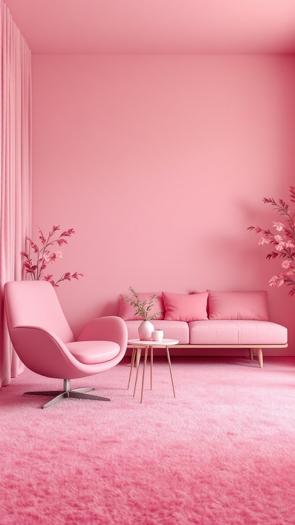 A cozy pink bedroom featuring modern furniture, including a pink sofa and chair, with pink carpet and soft decor.