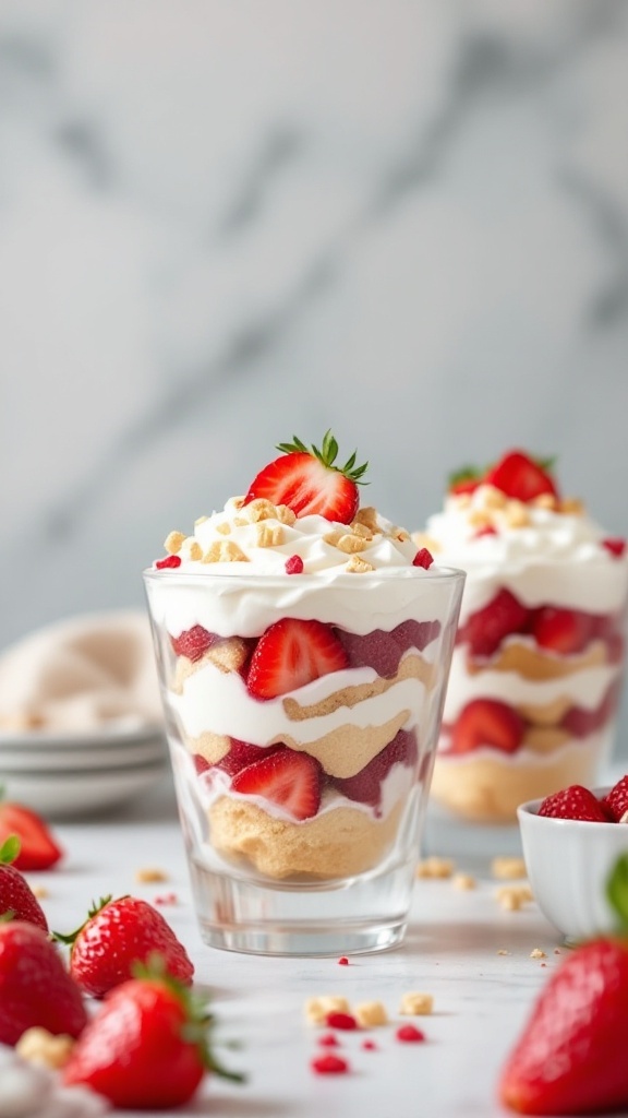 Delicious strawberry shortcake parfaits in clear glasses with fresh strawberries around.