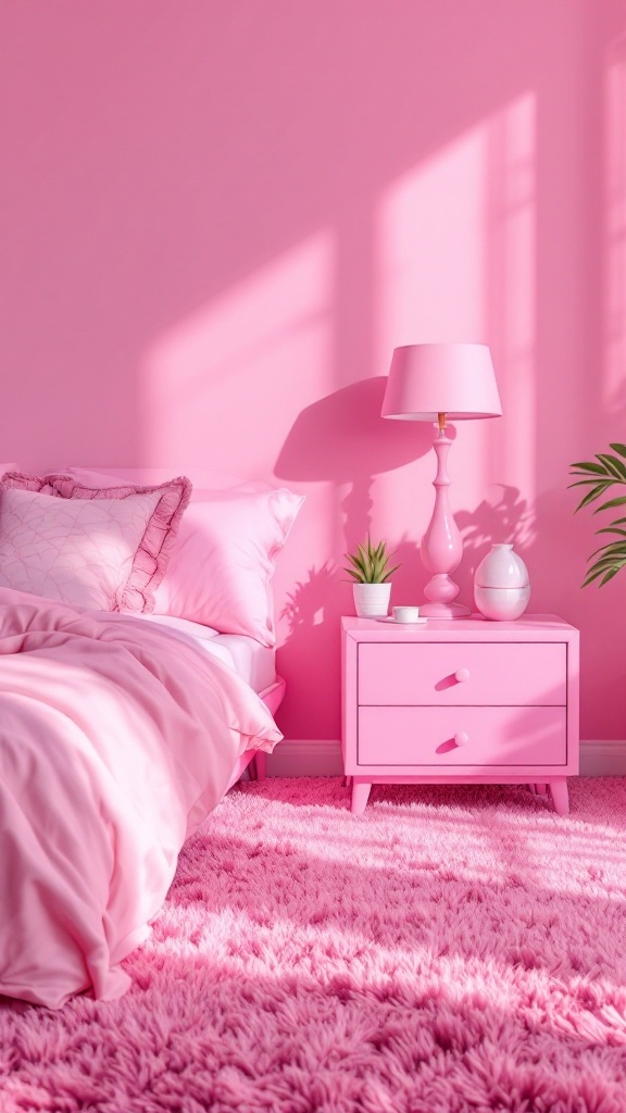 A cozy pink bedroom featuring a pink nightstand.