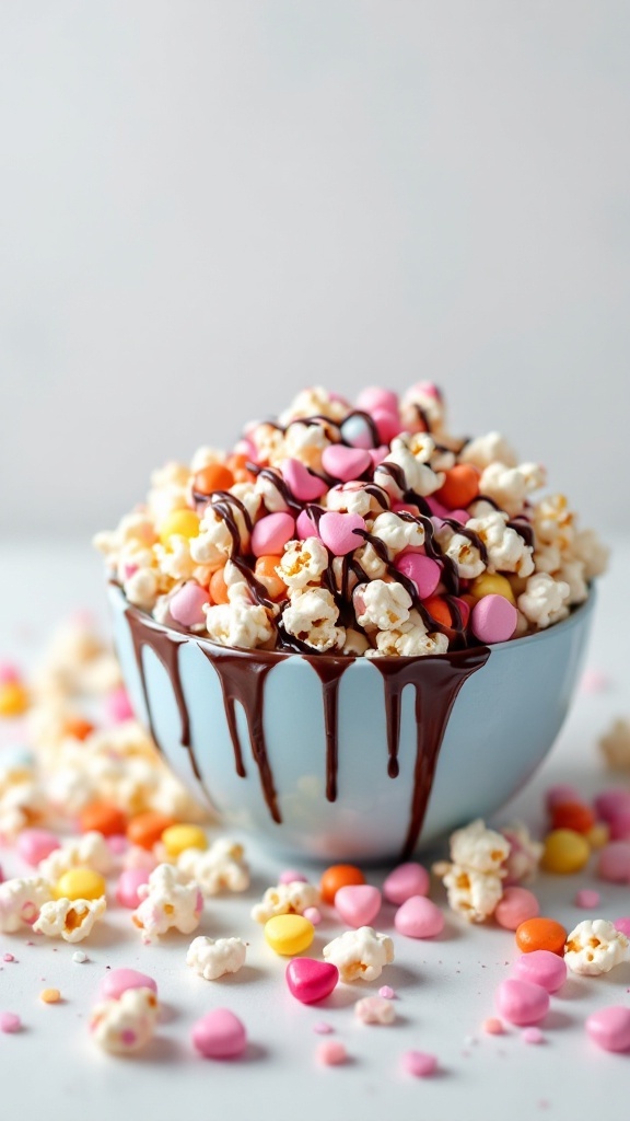 A bowl of popcorn drizzled with chocolate and topped with colorful candies, perfect for Valentine's Day.