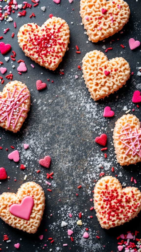 Heart-shaped Rice Krispie treats decorated with colorful sprinkles.