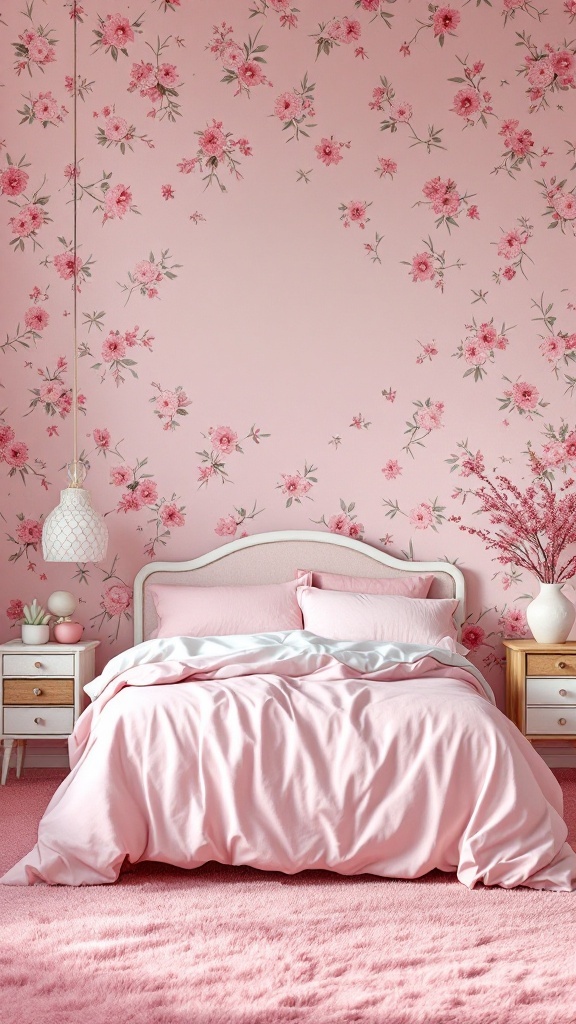 A pink bedroom featuring vintage floral wallpaper and a soft pink carpet.