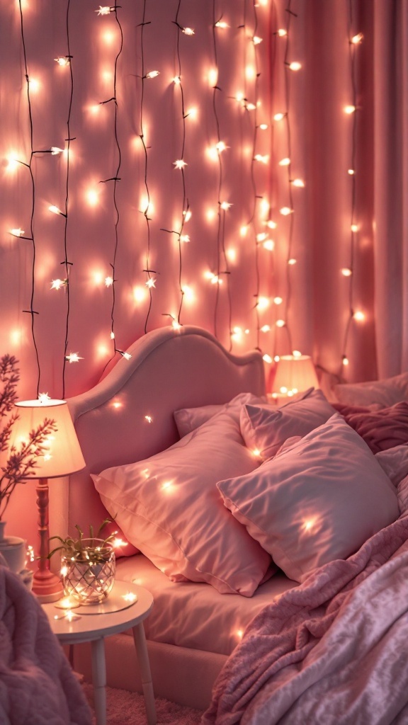 A cozy pink bedroom adorned with fairy lights and soft bedding.