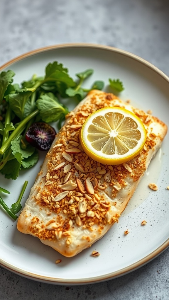 A plate of almond-crusted tilapia garnished with a lemon slice and served with a side of greens.