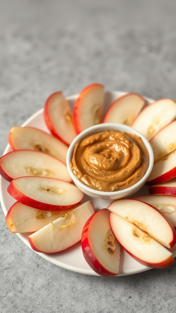 A plate of apple slices arranged around a bowl of peanut butter.